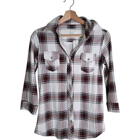 Market & Spruce Tops - Market & Spruce Balsman Plaid Button Down Shirt White Brown XS NWT